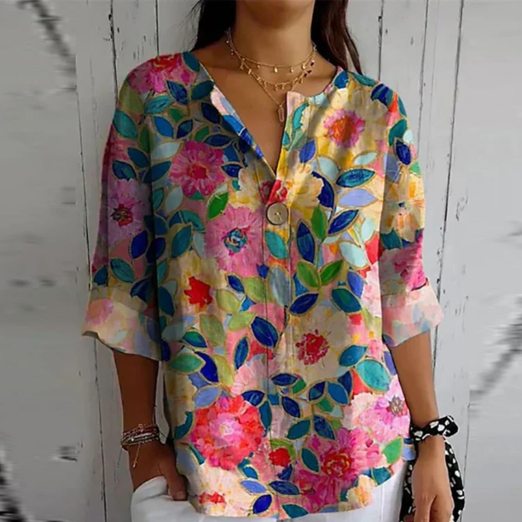 Floral V-Neck Blouse for Women with Button Closure and Half-Length Sleeves - Casual Wear Top for Spring/Summer