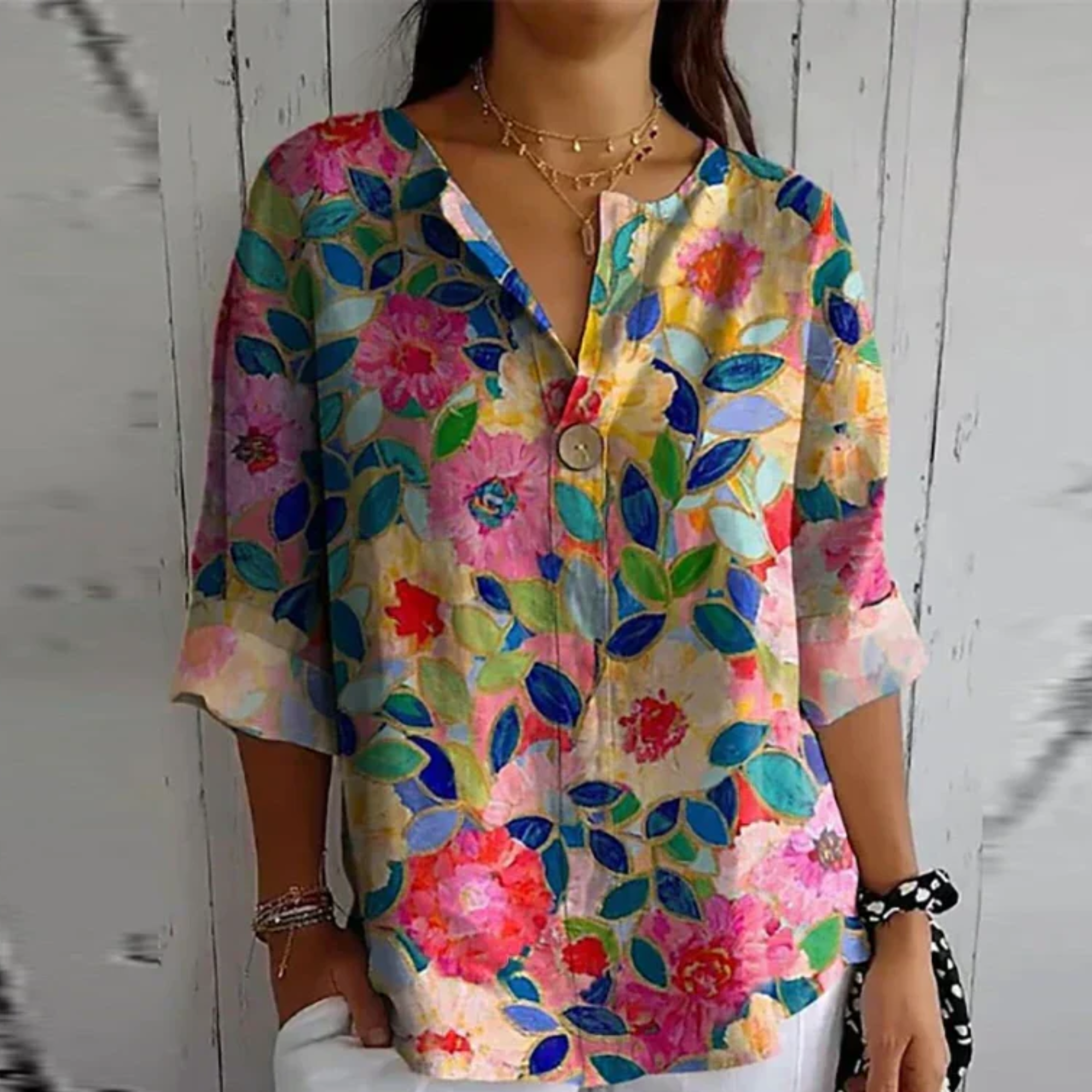 Floral V-Neck Blouse for Women with Button Closure and Half-Length Sleeves - Casual Wear Top for Spring/Summer
