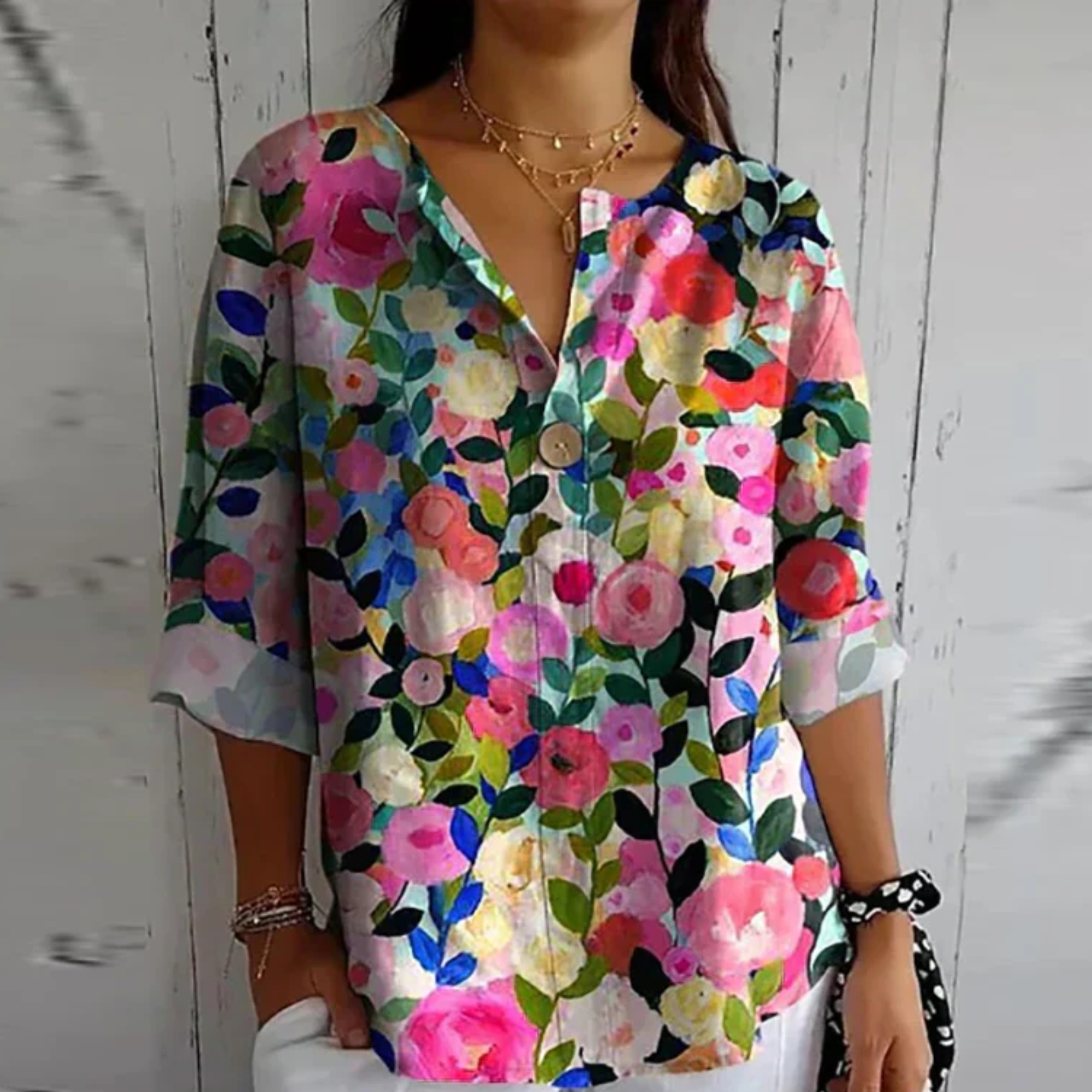 Floral V-Neck Blouse for Women with Button Closure and Half-Length Sleeves - Casual Wear Top for Spring/Summer