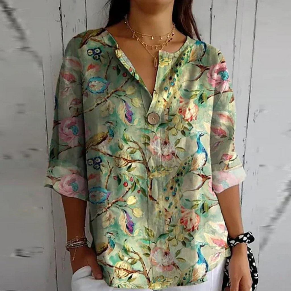 Floral V-Neck Blouse for Women with Button Closure and Half-Length Sleeves - Casual Wear Top for Spring/Summer
