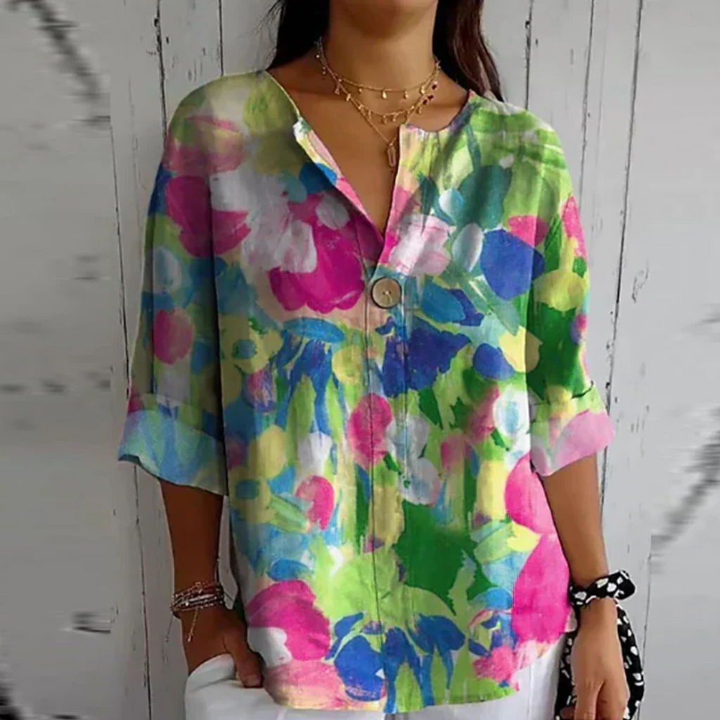Floral V-Neck Blouse for Women with Button Closure and Half-Length Sleeves - Casual Wear Top for Spring/Summer