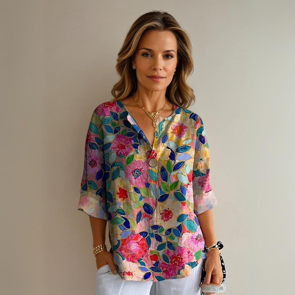 Floral V-Neck Blouse for Women with Button Closure and Half-Length Sleeves - Casual Wear Top for Spring/Summer