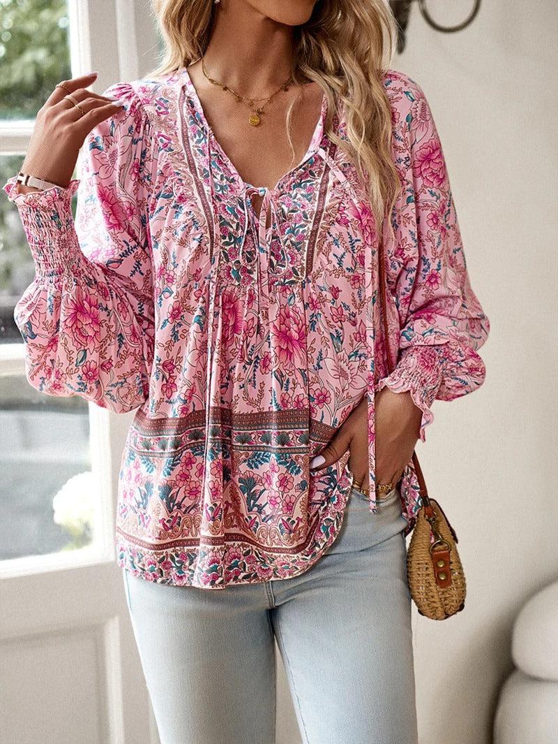 Floral V-Neck Women's Shirt - Lightweight Cotton Blouse for Casual Wear and Everyday Style