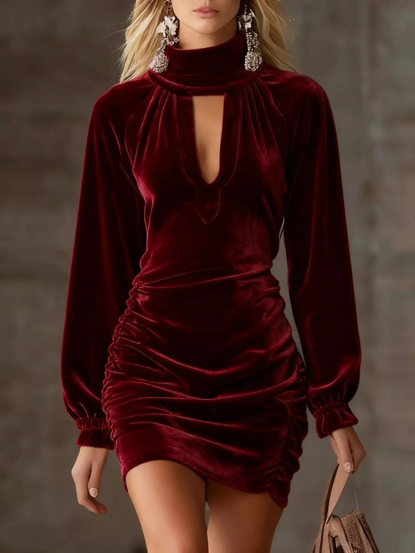 Full Size Velvet Ruched Flounce Sleeve Mini Dress Plus Size