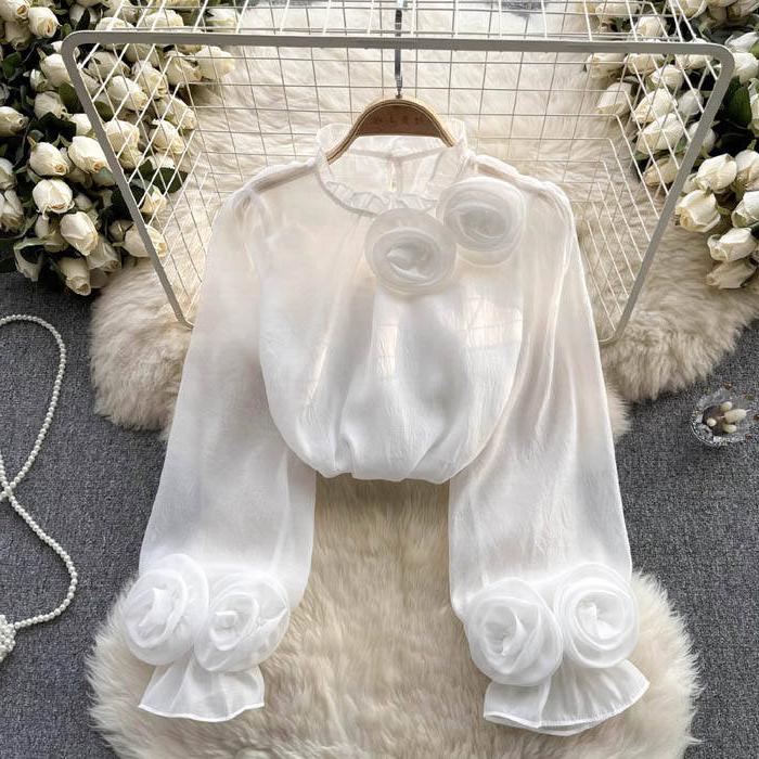 High Neck Blouse with 3D Rosette Appliques and Flared Cuffs for Women - Elegant Top for Casual or Formal Wear