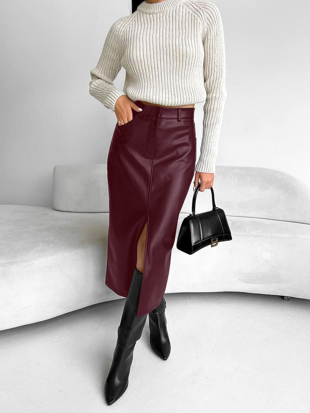 High-Waist Midi Skirt for Women with Front Slit and Belt Loops - Versatile Casual or Dressy Wear