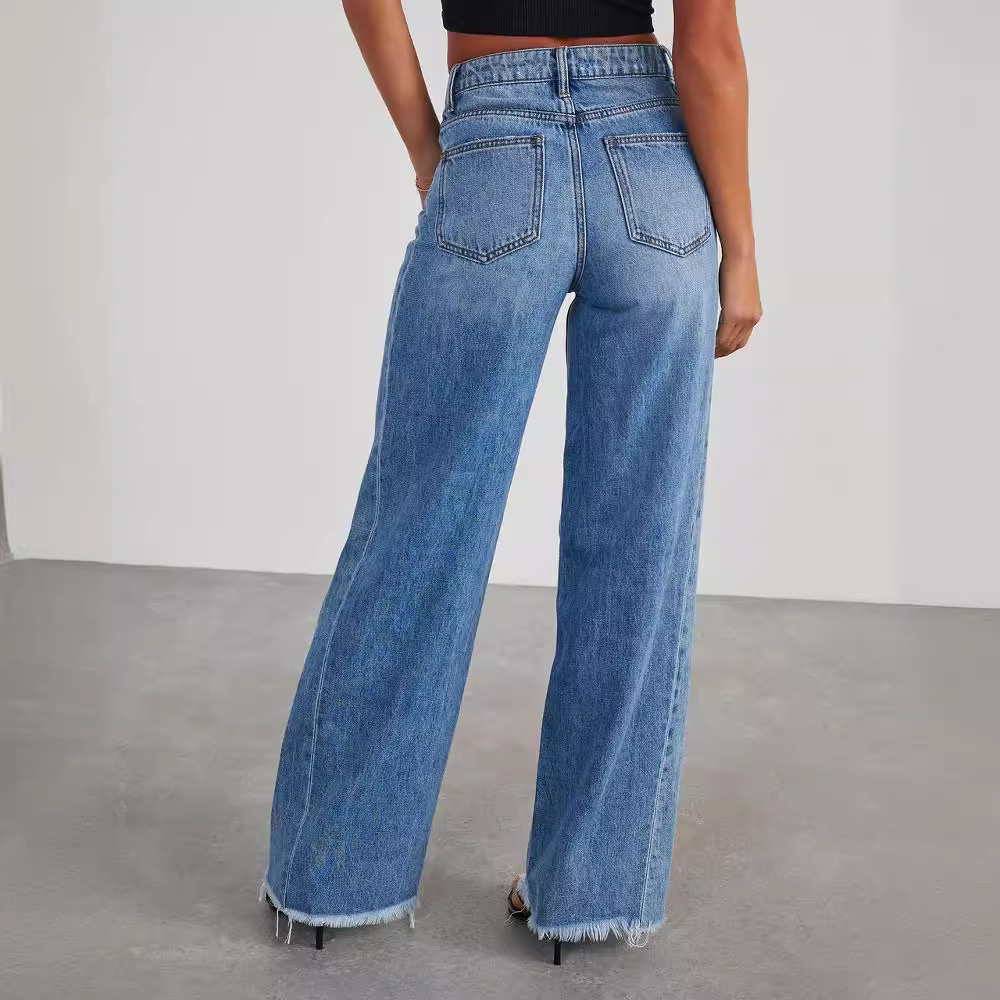 High-Waisted Wide-Leg Jeans for Women with Button Closure and Raw Hem Edge - Casual Denim Trousers for Everyday Wear