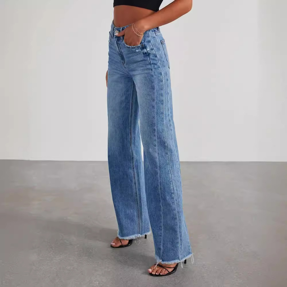 High-Waisted Wide-Leg Jeans for Women with Button Closure and Raw Hem Edge - Casual Denim Trousers for Everyday Wear