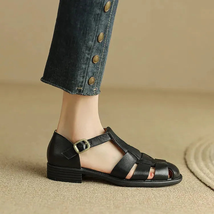 Italian Leather Flat Sandals for Women - Adjustable Straps, Comfortable Summer Footwear for Everyday Wear