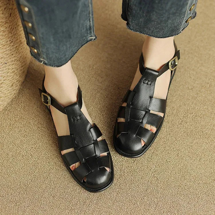 Italian Leather Flat Sandals for Women - Adjustable Straps, Comfortable Summer Footwear for Everyday Wear