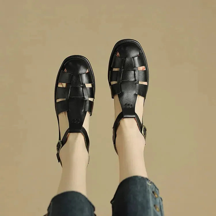 Italian Leather Flat Sandals for Women - Adjustable Straps, Comfortable Summer Footwear for Everyday Wear