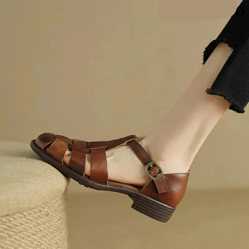Italian Leather Flat Sandals for Women - Adjustable Straps, Comfortable Summer Footwear for Everyday Wear