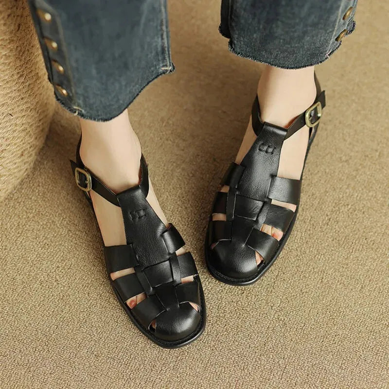 Italian Leather Flat Sandals for Women - Adjustable Straps, Comfortable Summer Footwear for Everyday Wear