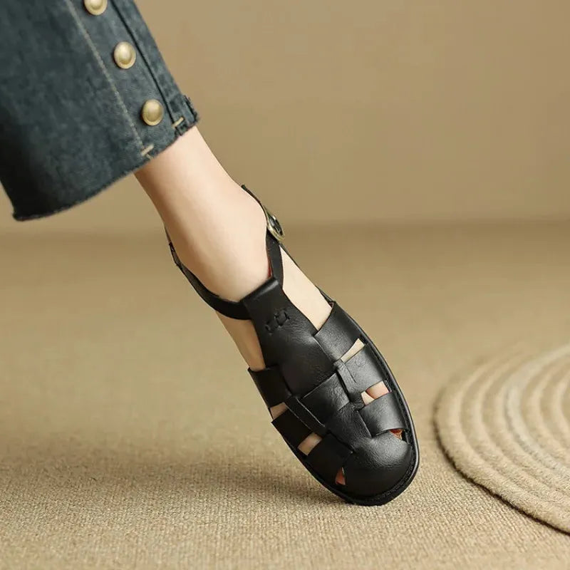 Italian Leather Flat Sandals for Women - Adjustable Straps, Comfortable Summer Footwear for Everyday Wear