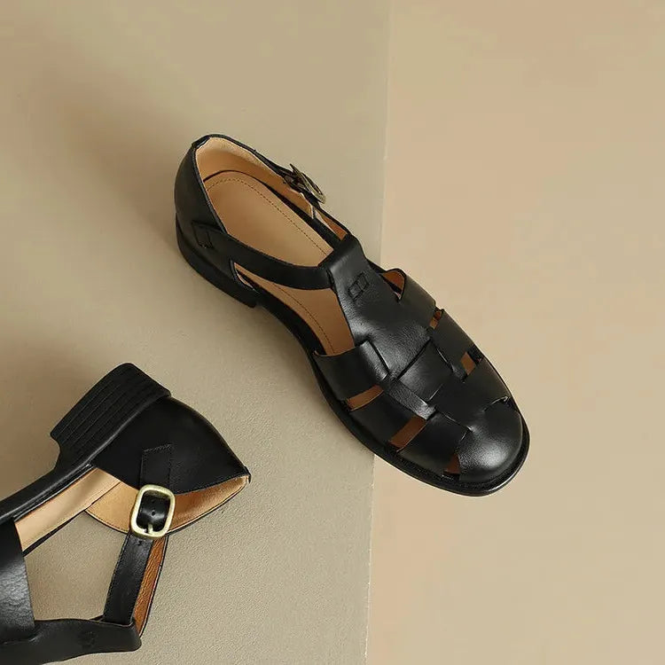 Italian Leather Flat Sandals for Women - Adjustable Straps, Comfortable Summer Footwear for Everyday Wear