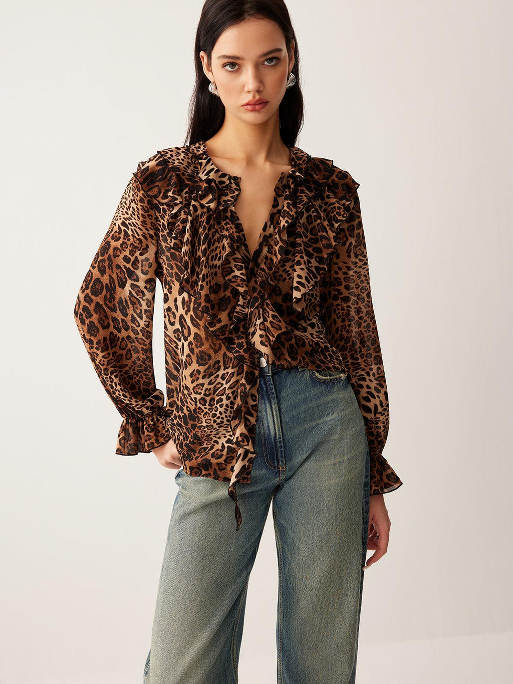 Leopard Print Blouse for Women - Ruffle-Trim, Long Sleeve, V-Neck - Casual Top for Everyday Wear