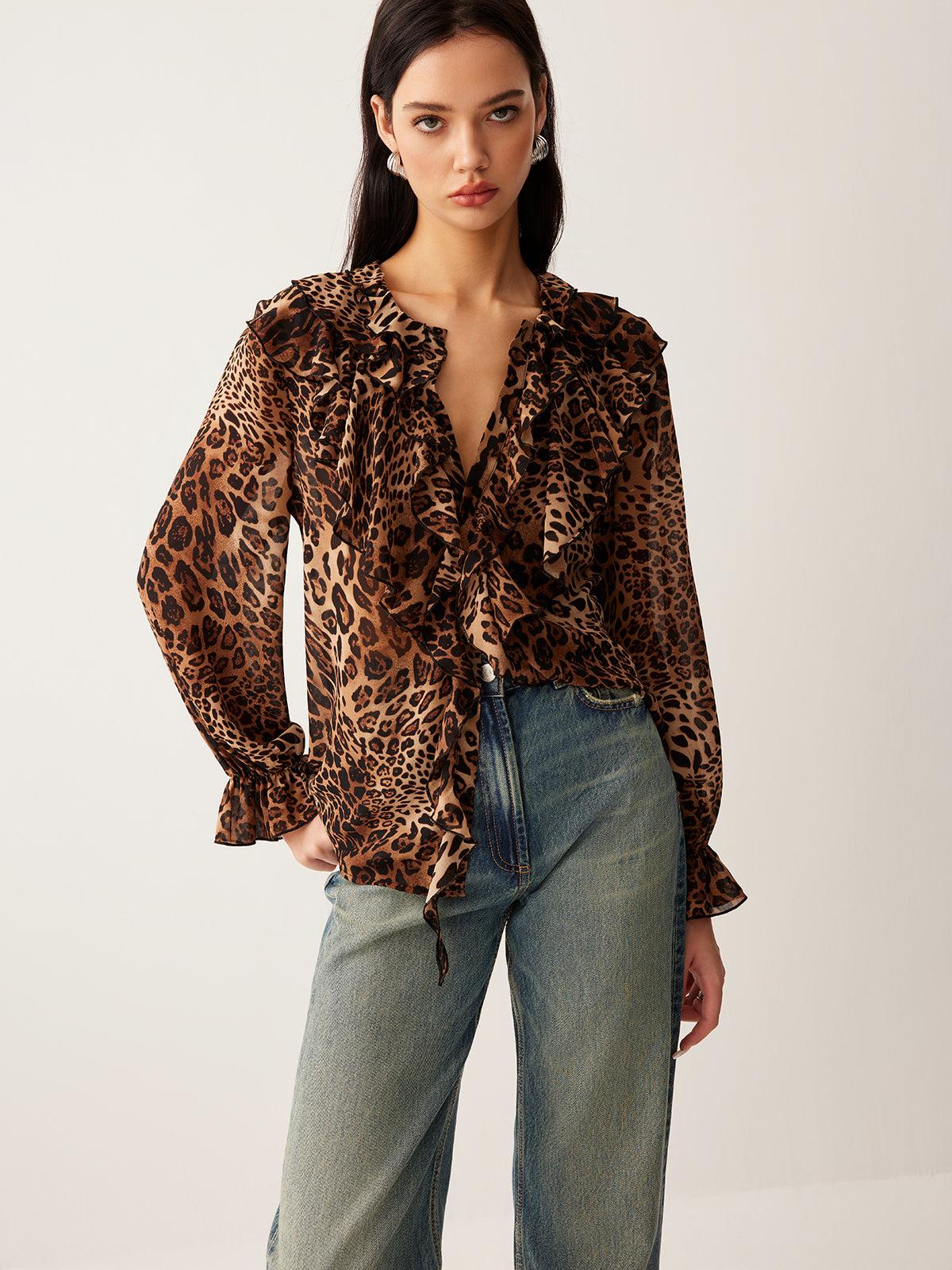 Leopard Print Blouse for Women - Ruffle-Trim, Long Sleeve, V-Neck - Casual Top for Everyday Wear
