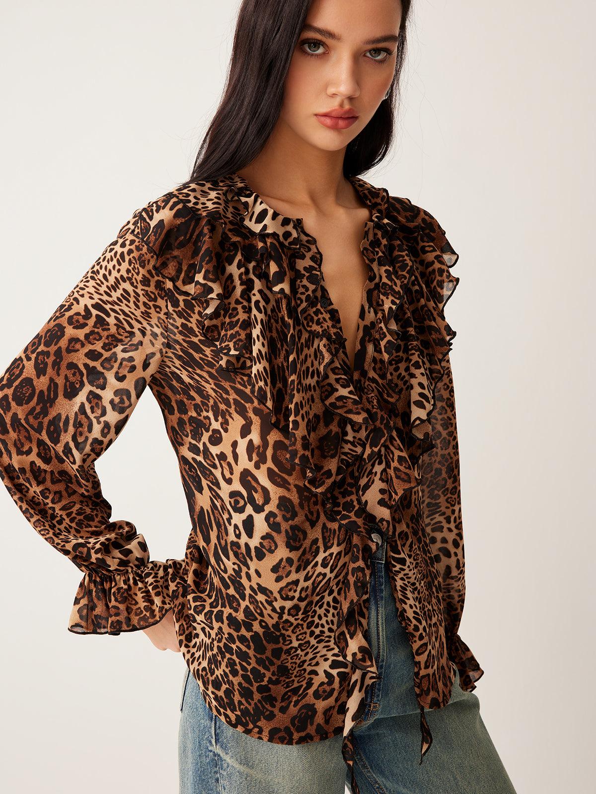 Leopard Print Blouse for Women - Ruffle-Trim, Long Sleeve, V-Neck - Casual Top for Everyday Wear