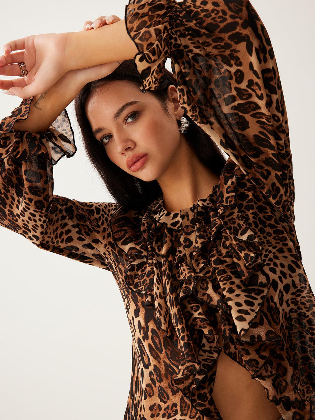 Leopard Print Blouse for Women - Ruffle-Trim, Long Sleeve, V-Neck - Casual Top for Everyday Wear