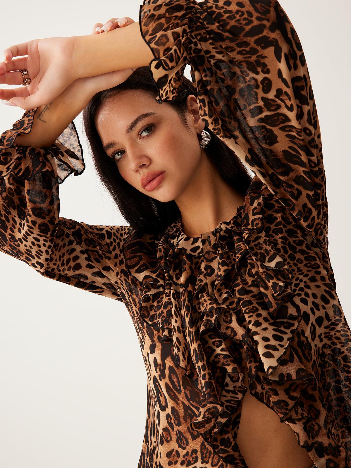 Leopard Print Blouse for Women - Ruffle-Trim, Long Sleeve, V-Neck - Casual Top for Everyday Wear