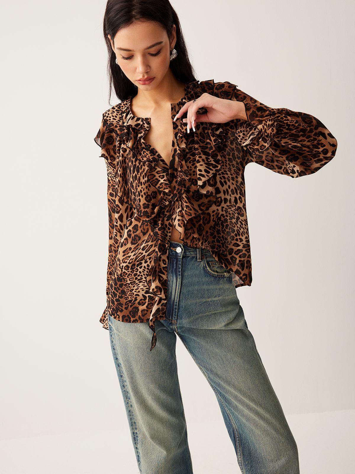 Leopard Print Blouse for Women - Ruffle-Trim, Long Sleeve, V-Neck - Casual Top for Everyday Wear