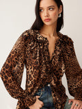 Leopard Print Blouse for Women - Ruffle-Trim, Long Sleeve, V-Neck - Casual Top for Everyday Wear