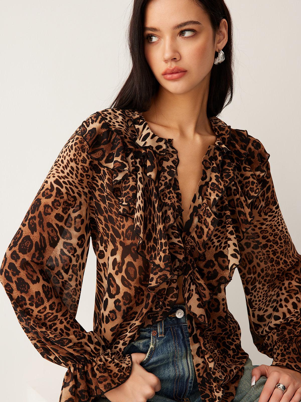 Leopard Print Blouse for Women - Ruffle-Trim, Long Sleeve, V-Neck - Casual Top for Everyday Wear