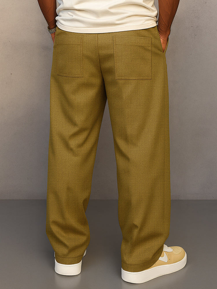 Men's Drawstring Waist Straight-Leg Pants with Front Pleat for Casual and Formal Wear