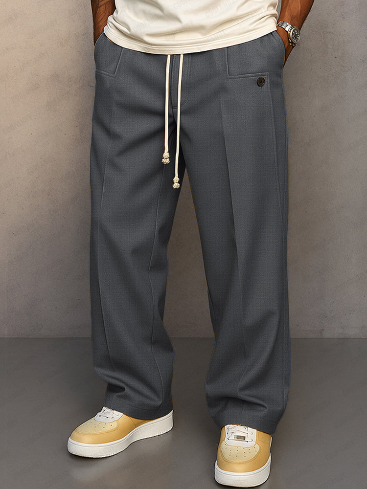 Men's Drawstring Waist Straight-Leg Pants with Front Pleat for Casual and Formal Wear