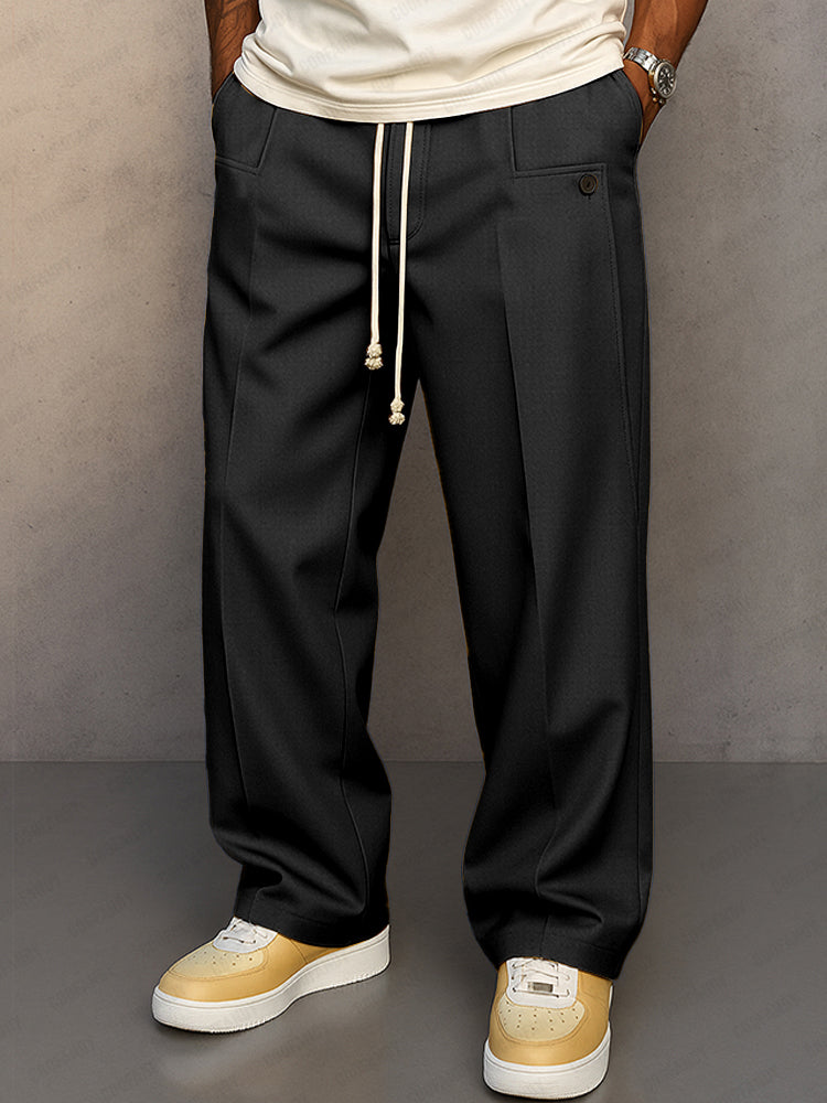 Men's Drawstring Waist Straight-Leg Pants with Front Pleat for Casual and Formal Wear