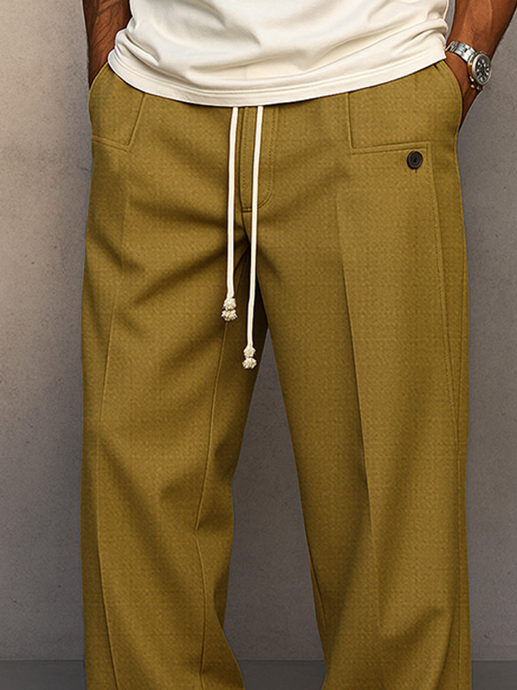 Men's Drawstring Waist Straight-Leg Pants with Front Pleat for Casual and Formal Wear