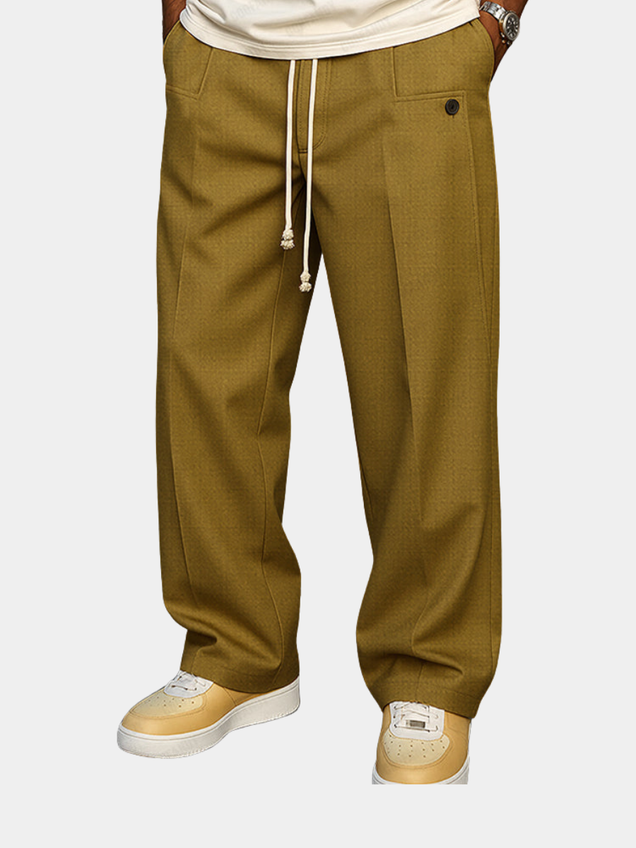 Men's Drawstring Waist Straight-Leg Pants with Front Pleat for Casual and Formal Wear