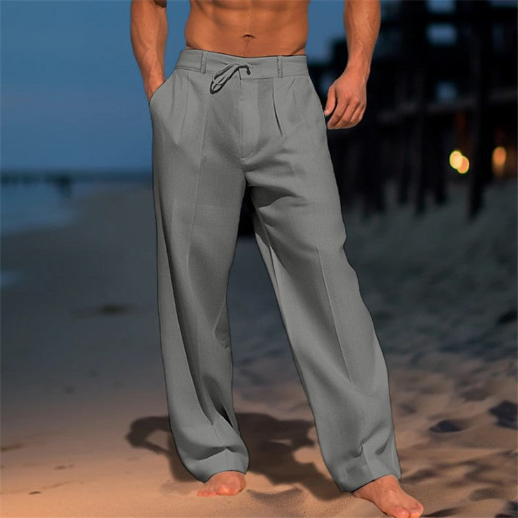 Men's Full-Length Drawstring Pants with Front Pleats and Side Pockets for Casual or Dressy Wear