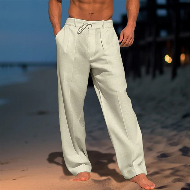 Men's Full-Length Drawstring Pants with Front Pleats and Side Pockets for Casual or Dressy Wear