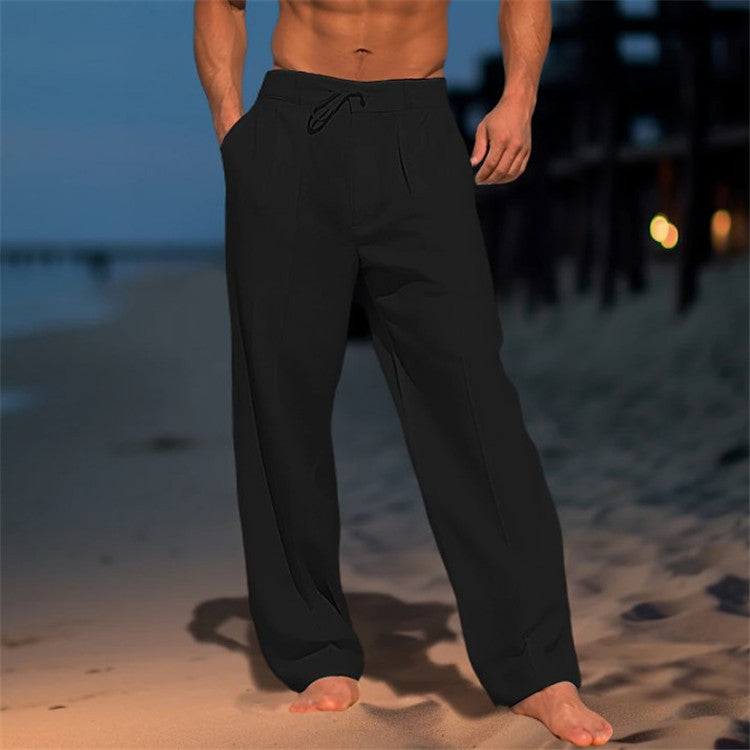 Men's Full-Length Drawstring Pants with Front Pleats and Side Pockets for Casual or Dressy Wear