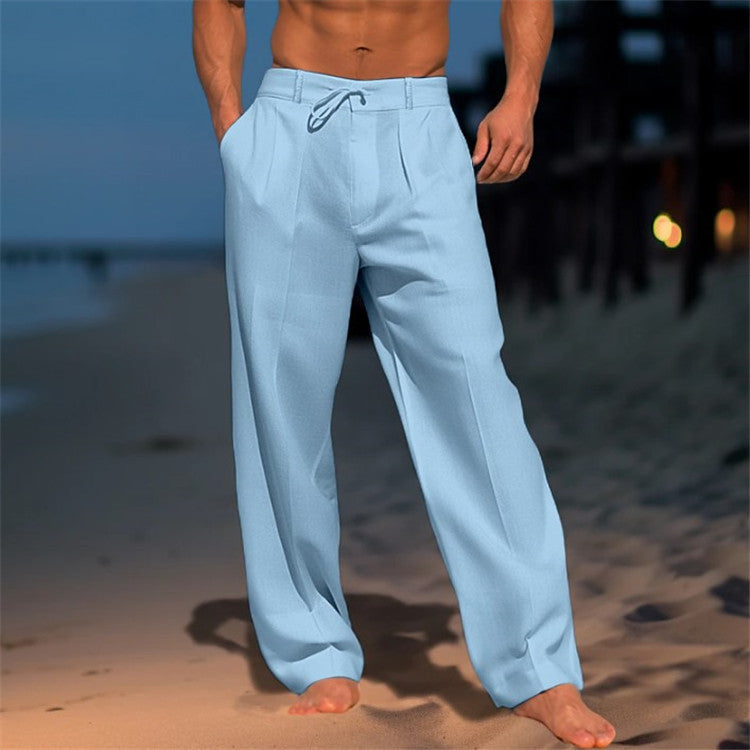 Men's Full-Length Drawstring Pants with Front Pleats and Side Pockets for Casual or Dressy Wear