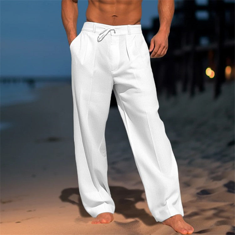 Men's Full-Length Drawstring Pants with Front Pleats and Side Pockets for Casual or Dressy Wear