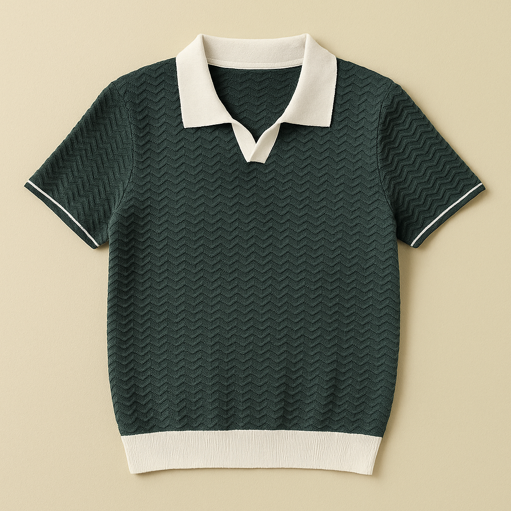 Men's Knit Polo Shirt - Short Sleeve, Contrast Collar, Zigzag Pattern - Casual Wear for Everyday Style