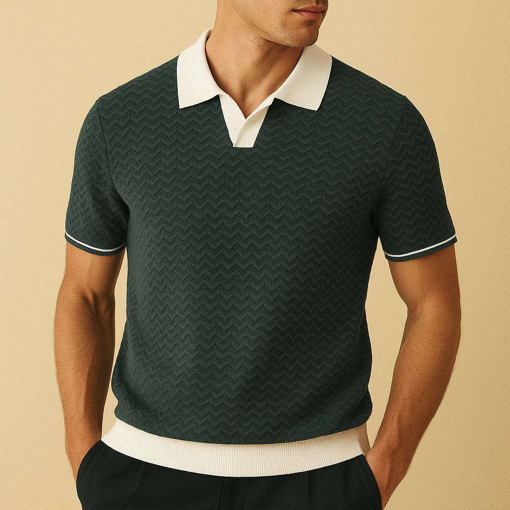 Men's Knit Polo Shirt - Short Sleeve, Contrast Collar, Zigzag Pattern - Casual Wear for Everyday Style