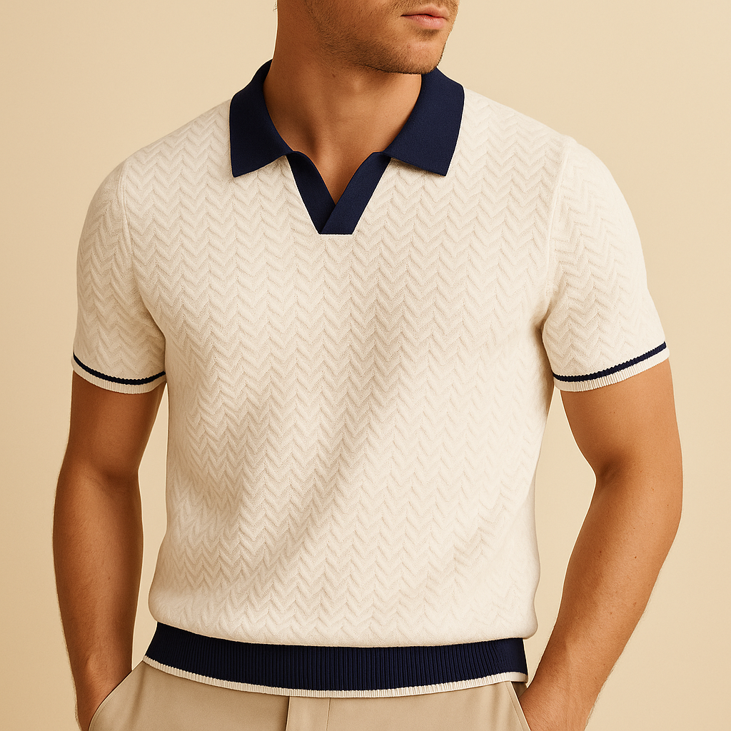 Men's Knit Polo Shirt - Short Sleeve, Contrast Collar, Zigzag Pattern - Casual Wear for Everyday Style