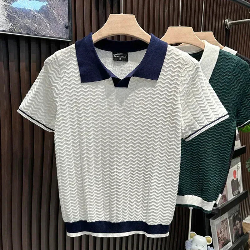 Men's Knit Polo Shirt - Short Sleeve, Contrast Collar, Zigzag Pattern - Casual Wear for Everyday Style