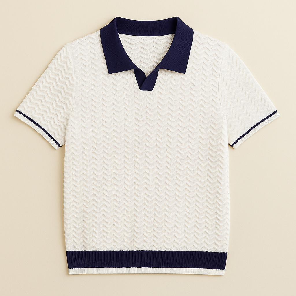 Men's Knit Polo Shirt - Short Sleeve, Contrast Collar, Zigzag Pattern - Casual Wear for Everyday Style