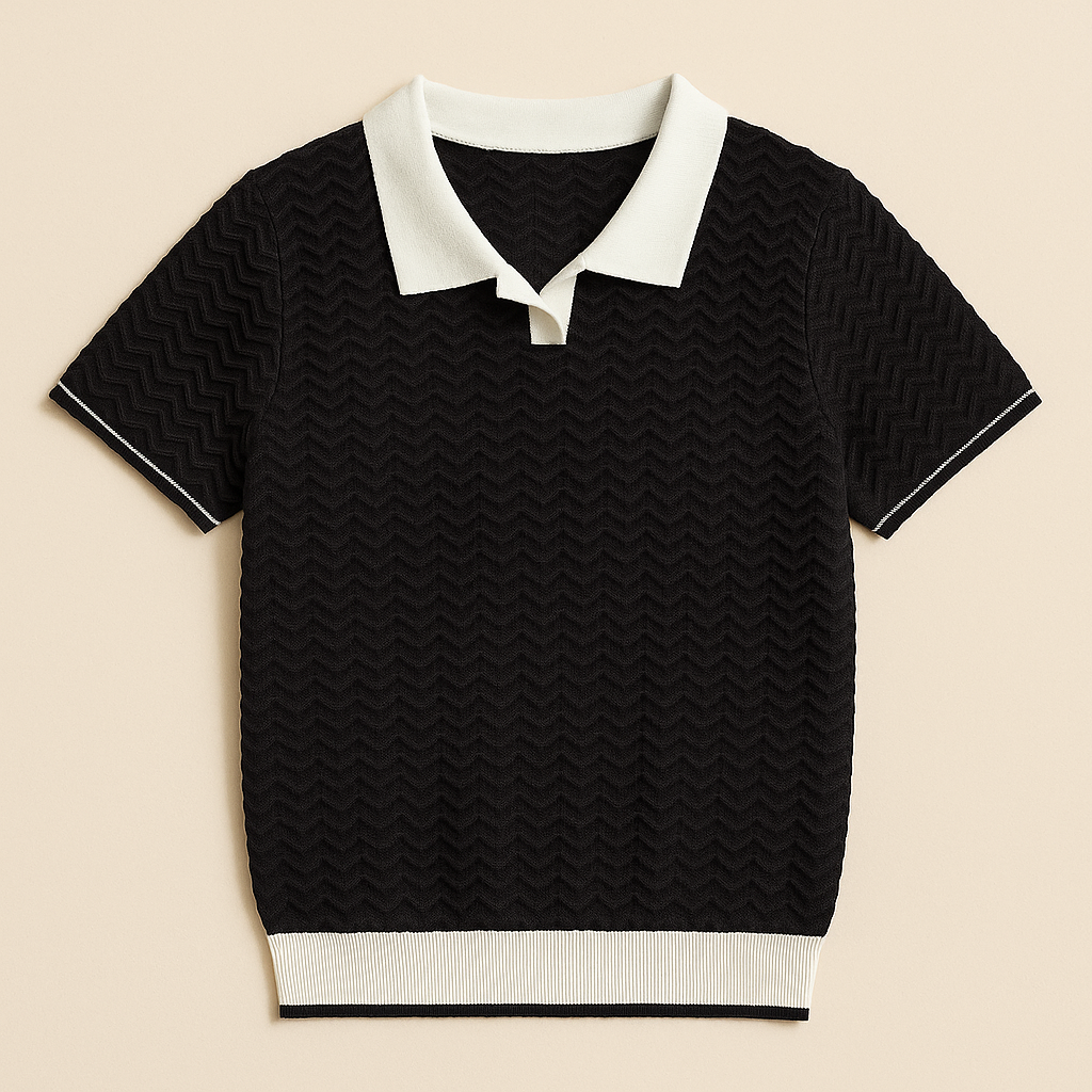 Men's Knit Polo Shirt - Short Sleeve, Contrast Collar, Zigzag Pattern - Casual Wear for Everyday Style