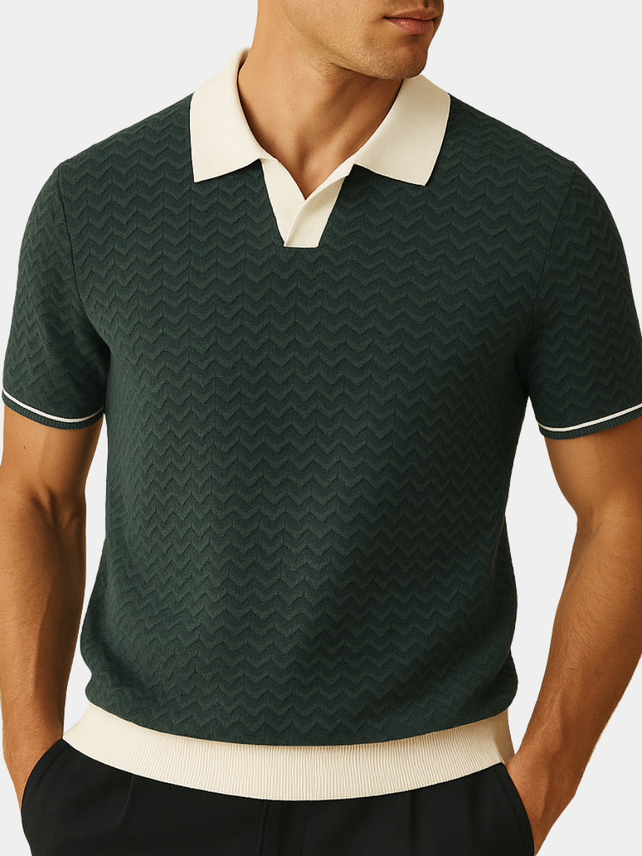Men's Knit Polo Shirt - Short Sleeve, Contrast Collar, Zigzag Pattern - Casual Wear for Everyday Style