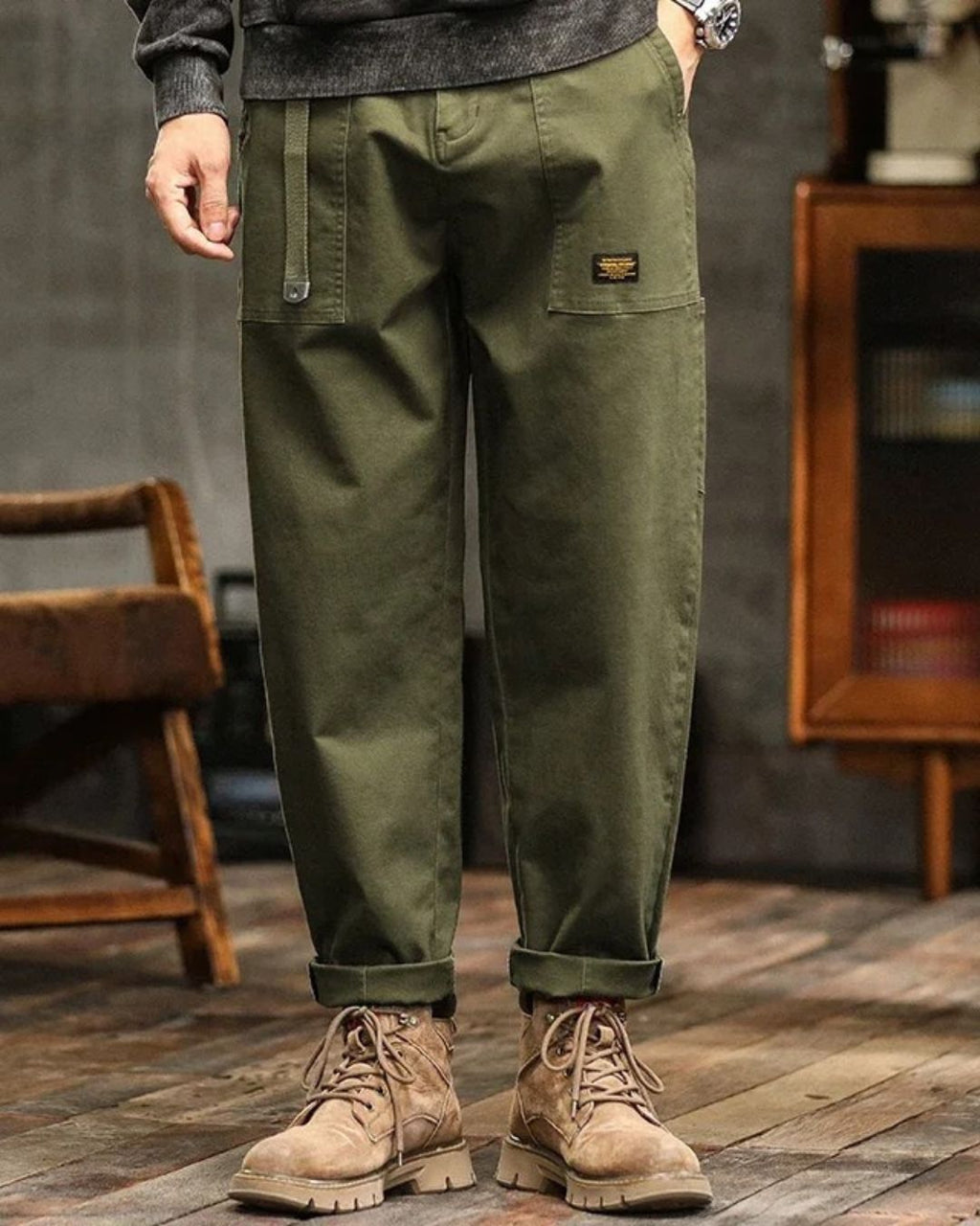 Men's Long Cargo Pants with Front Patch Pockets, Belt Loops, and Durable Fabric for Outdoor and Casual Wear