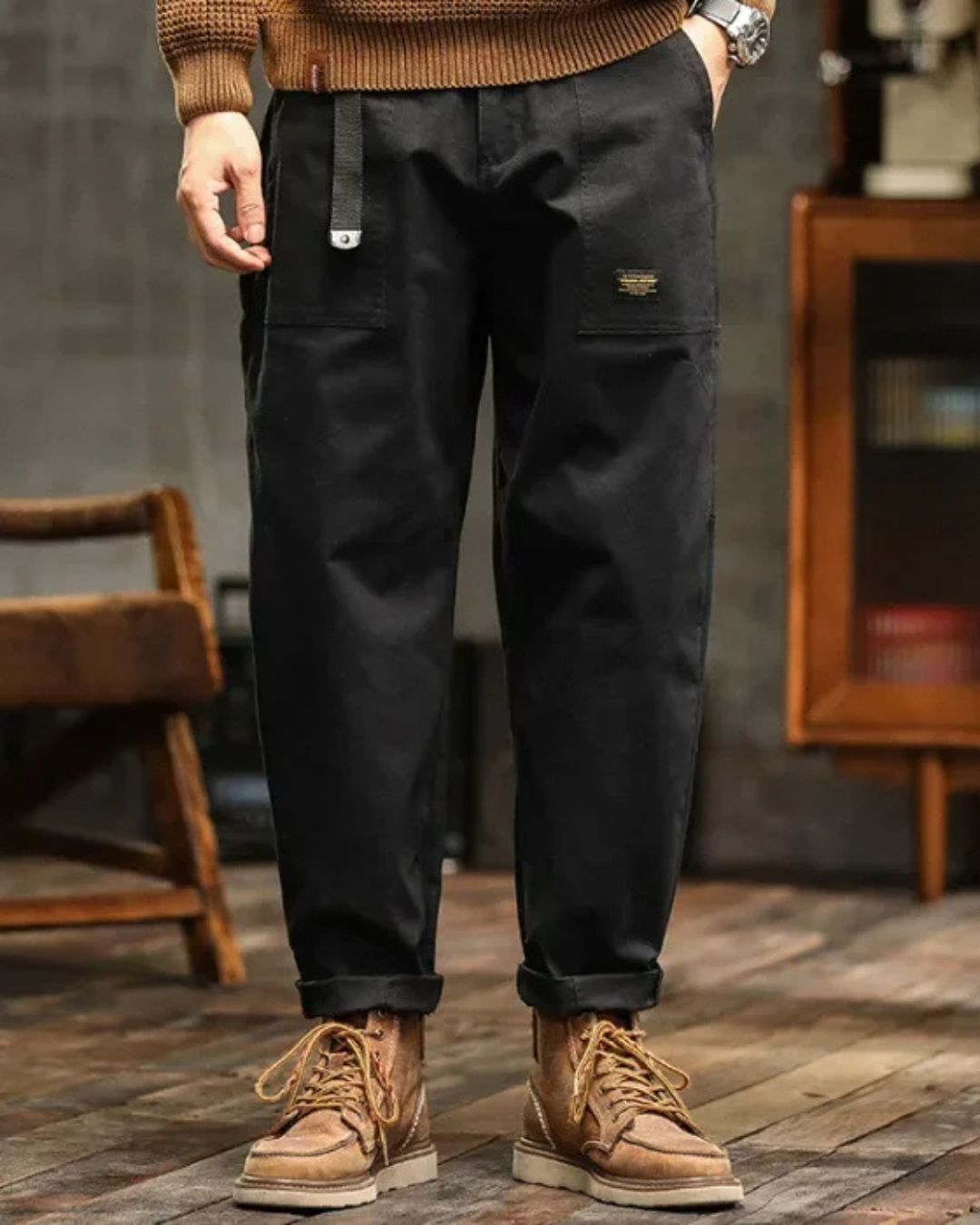 Men's Long Cargo Pants with Front Patch Pockets, Belt Loops, and Durable Fabric for Outdoor and Casual Wear