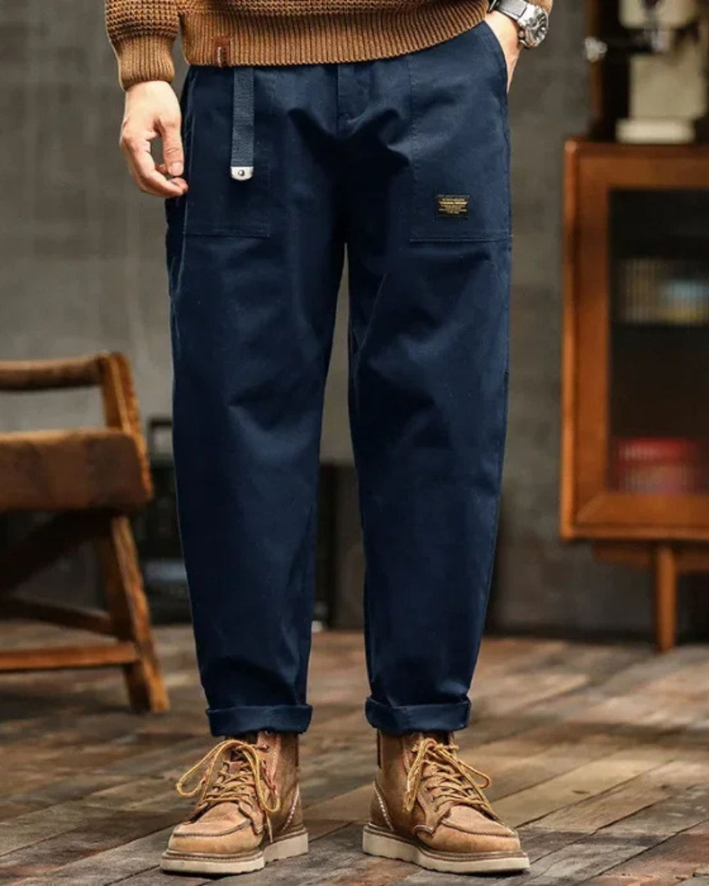 Men's Long Cargo Pants with Front Patch Pockets, Belt Loops, and Durable Fabric for Outdoor and Casual Wear