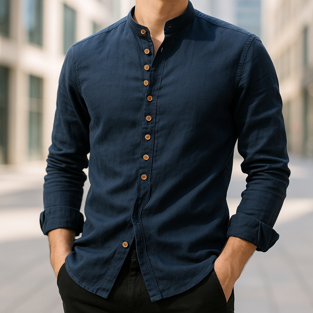Men's Long Sleeve Band Collar Shirt - Button-Front Design with Curved Hemline for Casual or Formal Wear