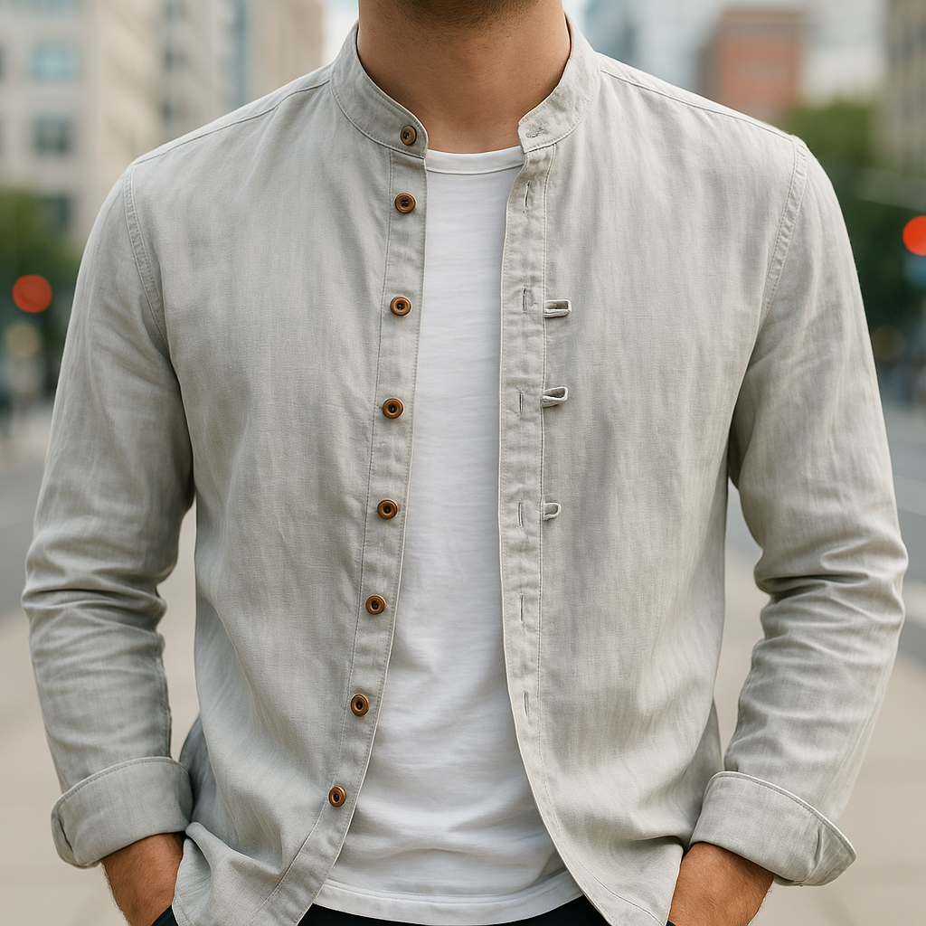 Men's Long Sleeve Band Collar Shirt - Button-Front Design with Curved Hemline for Casual or Formal Wear