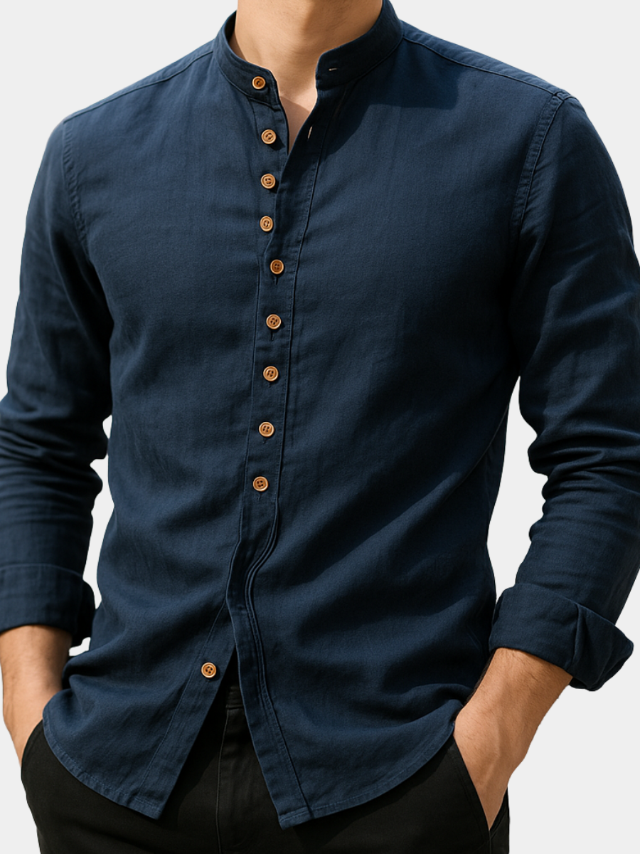 Men's Long Sleeve Band Collar Shirt - Button-Front Design with Curved Hemline for Casual or Formal Wear
